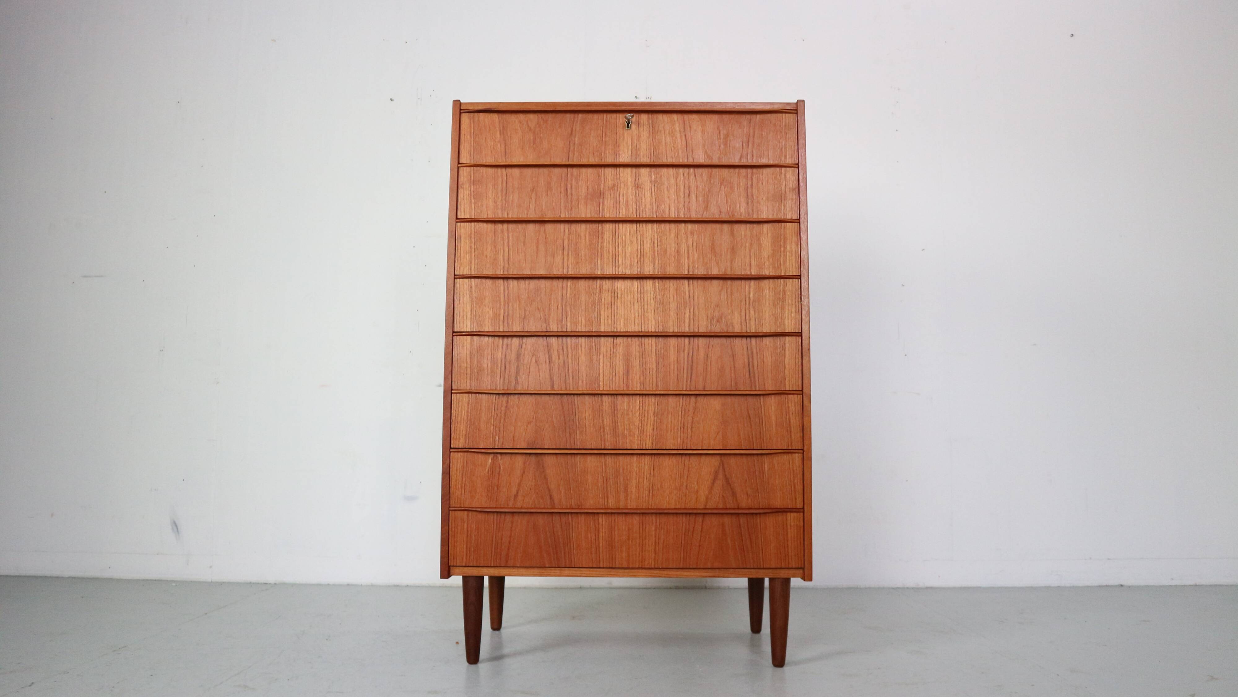 Mid-Century Modern Danish Chest of Eight Drawers, Tallboy in Teak, Denmark, 1960