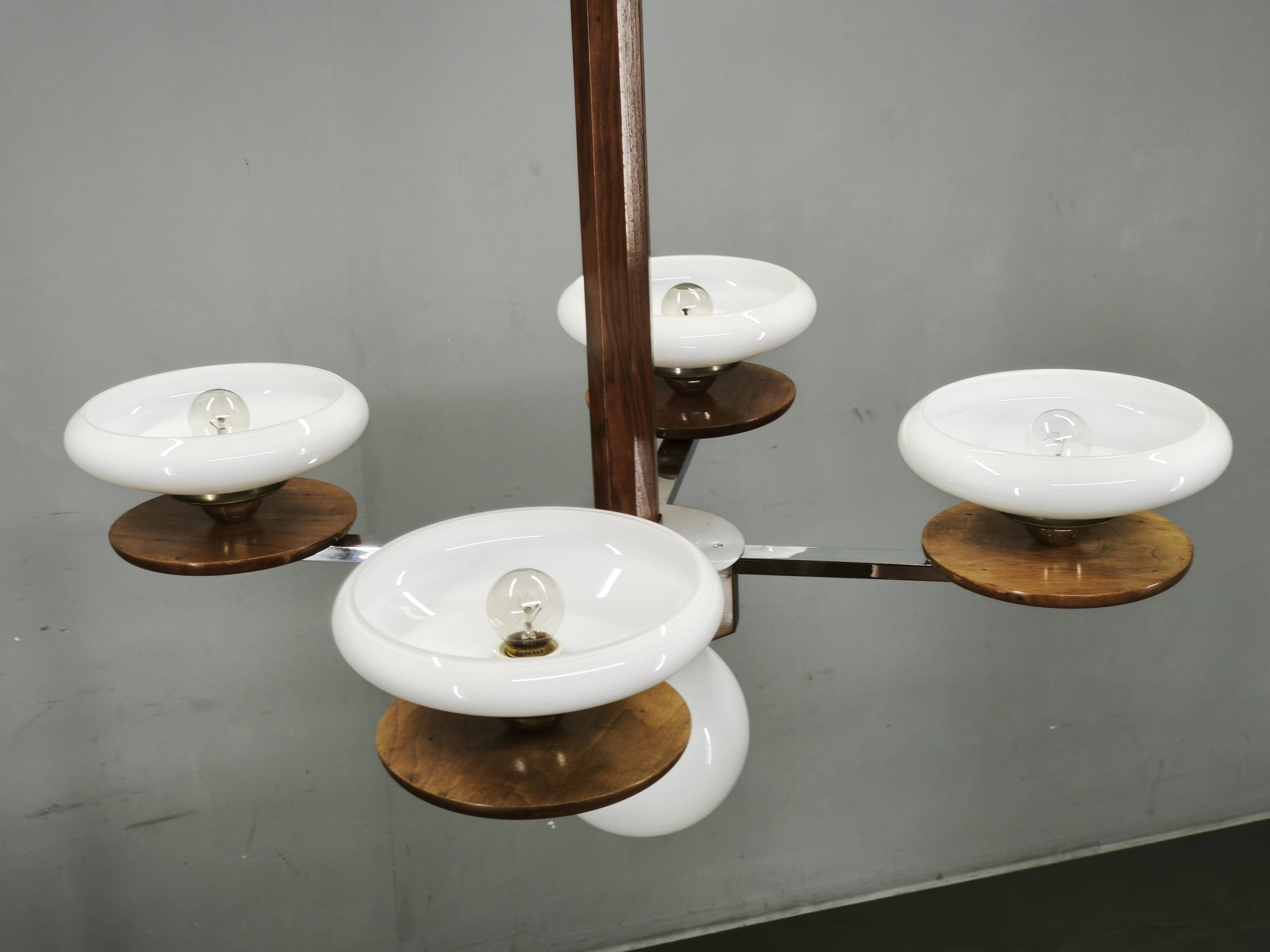 Czech Art Deco Walnut, Chrome and Opaline Glass Chandelier, 1930s