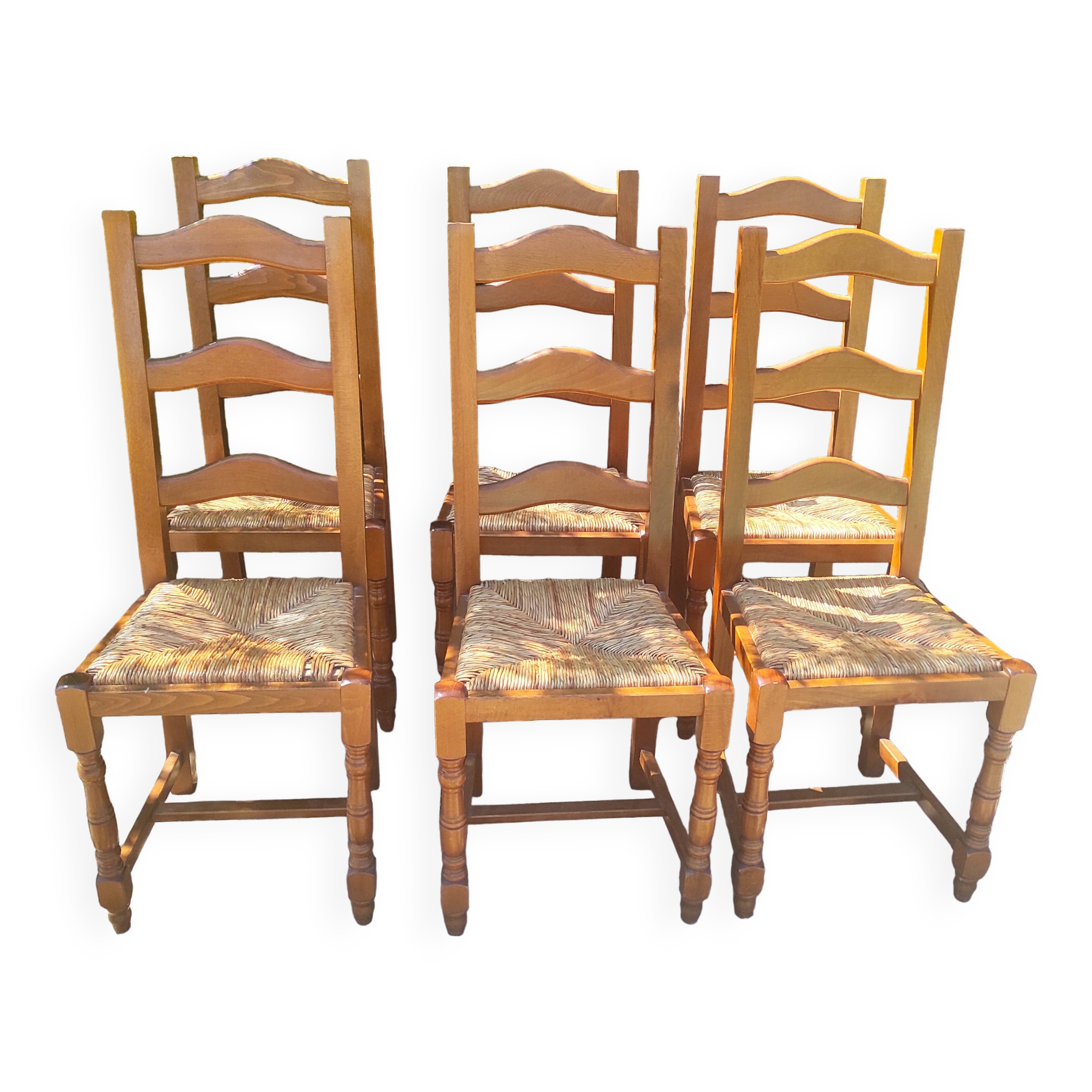 Rustic straw seat wooden chair / 1 set of 6 chairs