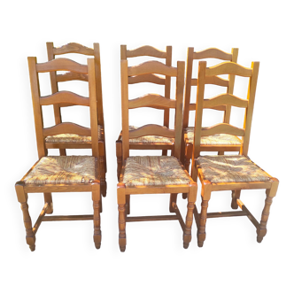 Chaise en bois assise paillée rustique / 1 lot de 6 chaises