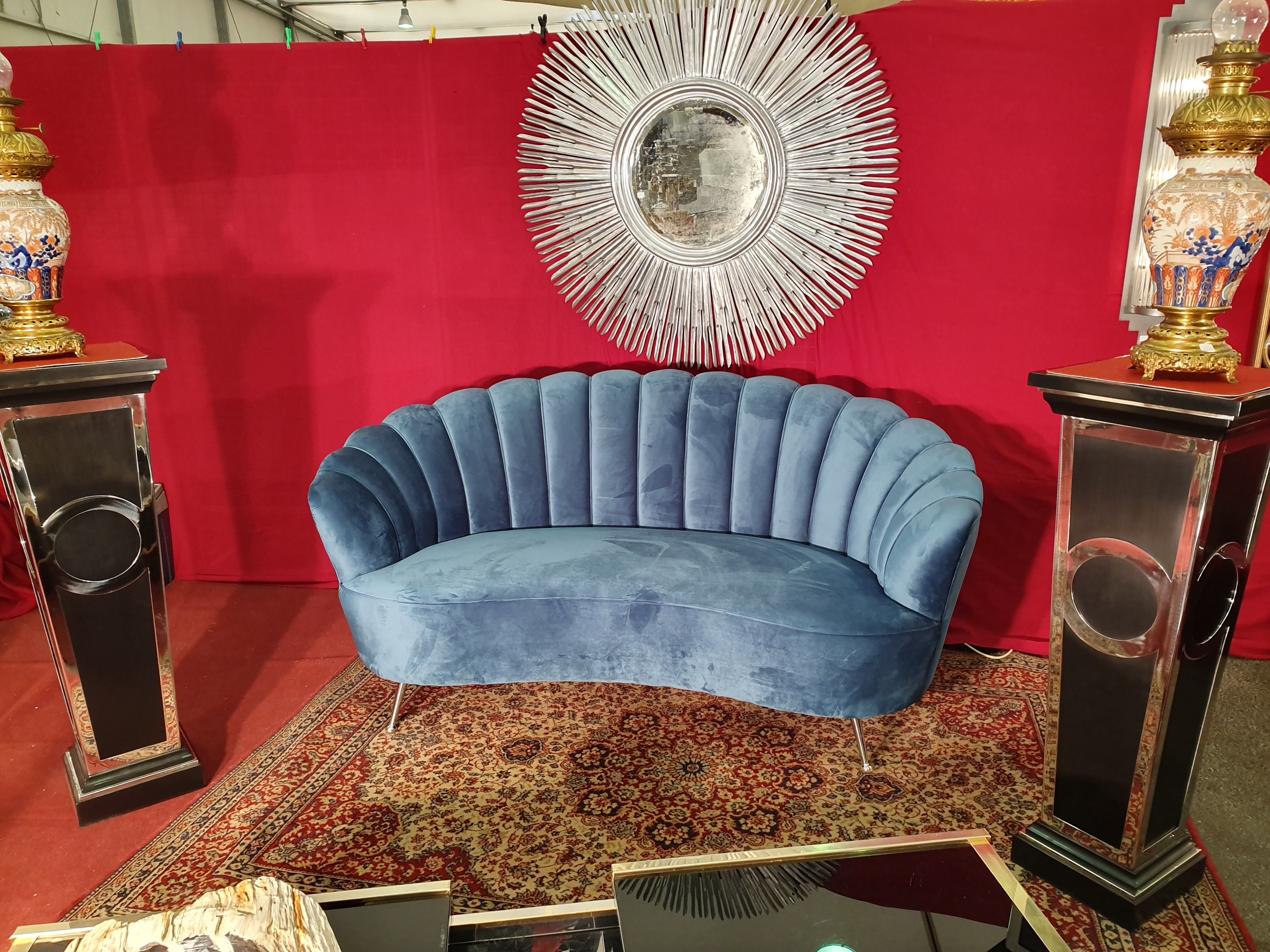 Canape velvet blue pietement chrome