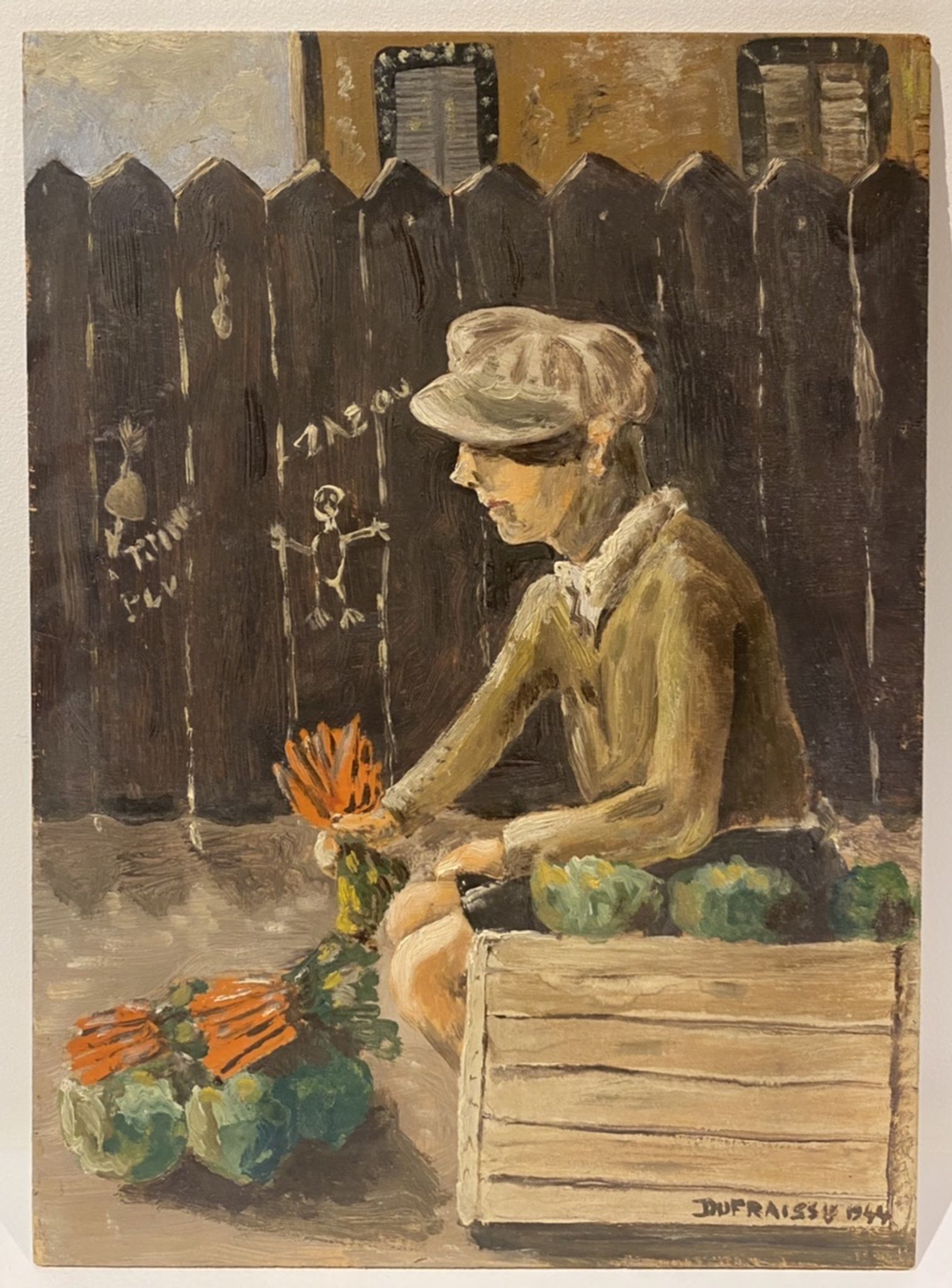 Old painting, portrait of a boy in a vegetable garden signed Dufraisse dated 1944