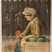 Old painting, portrait of a boy in a vegetable garden signed Dufraisse dated 1944
