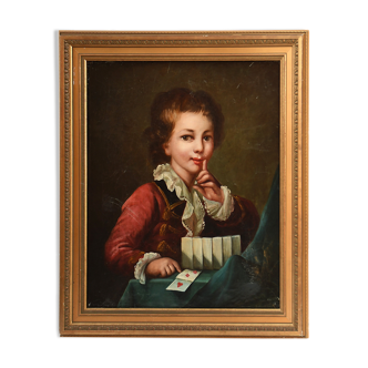 Oil on canvas young boy playing cards