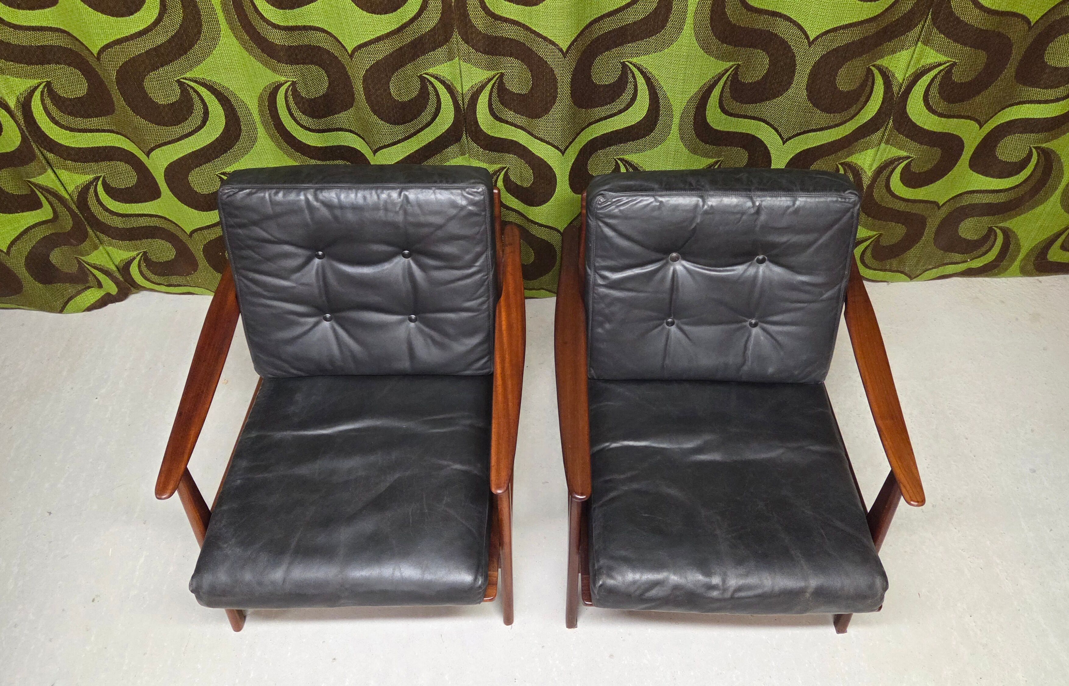Pair of Scandinavian teak leather armchairs