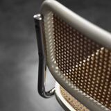 Set of 2 modern vintage Italian chairs in white wood and mid-century French wicker.