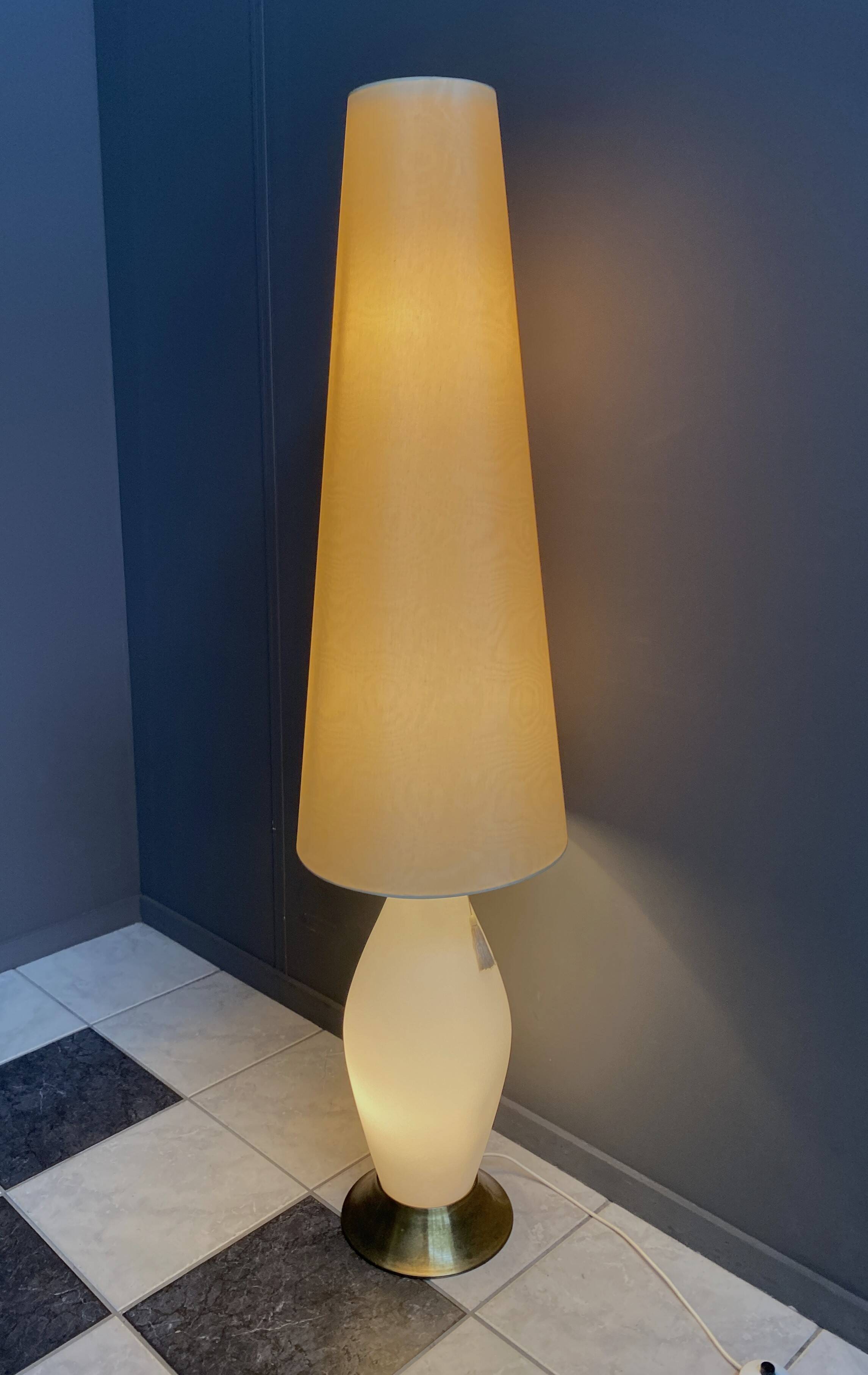 Glass floor lamp with large off-white lampshade, 1960s