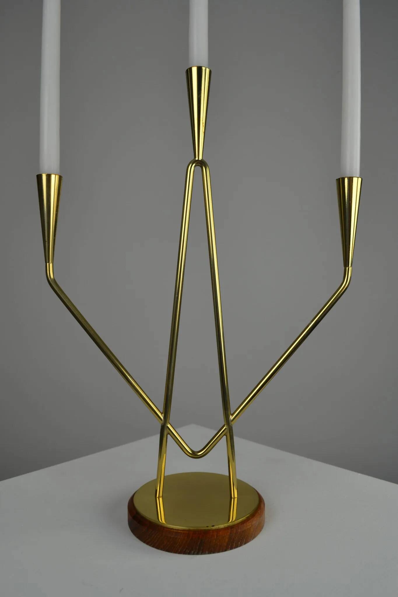 Brass and Teak Candelabra by Gunnar Ander for Ystad-Metall, Sweden, 1950s