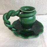 Old candleholder, glazed terracotta cellar, artisanal green color