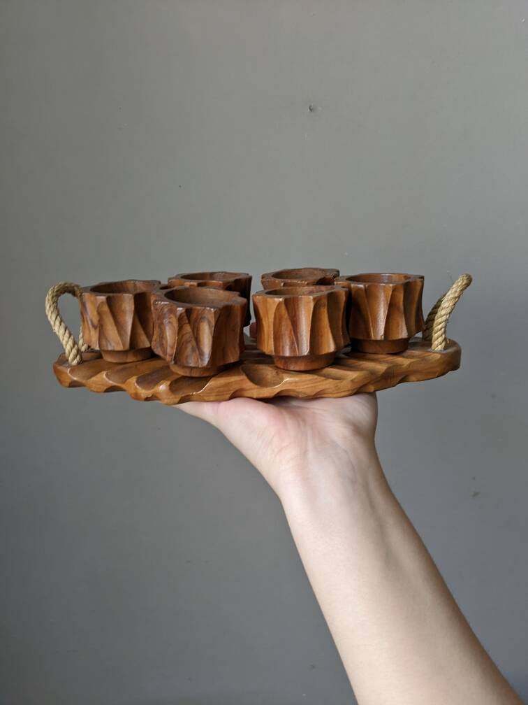 Hand-carved olive wood egg cups, country decor