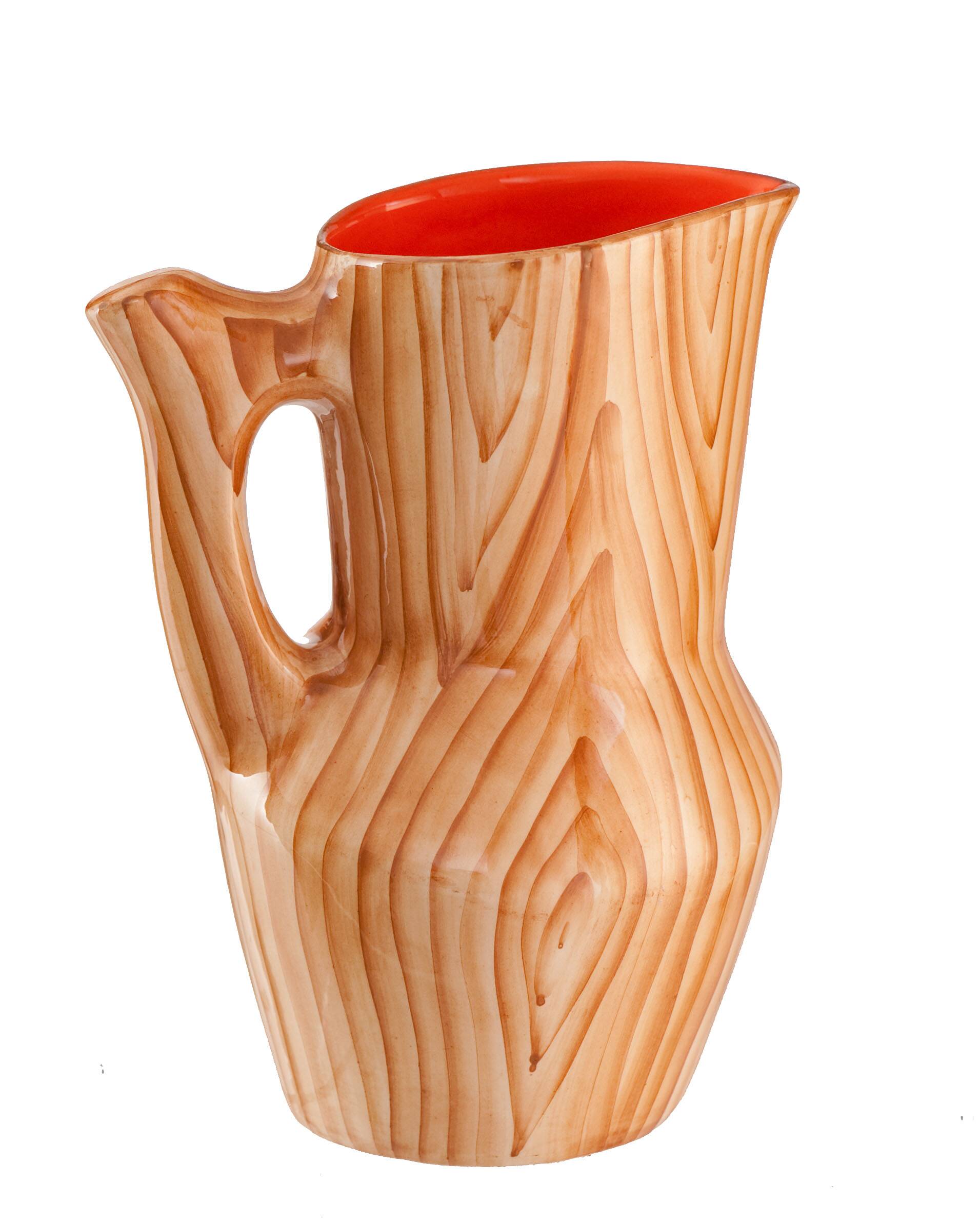 Orangeade service pitcher and 6 ceramic glasses faux wood and wrought iron Vallauris year 50/60