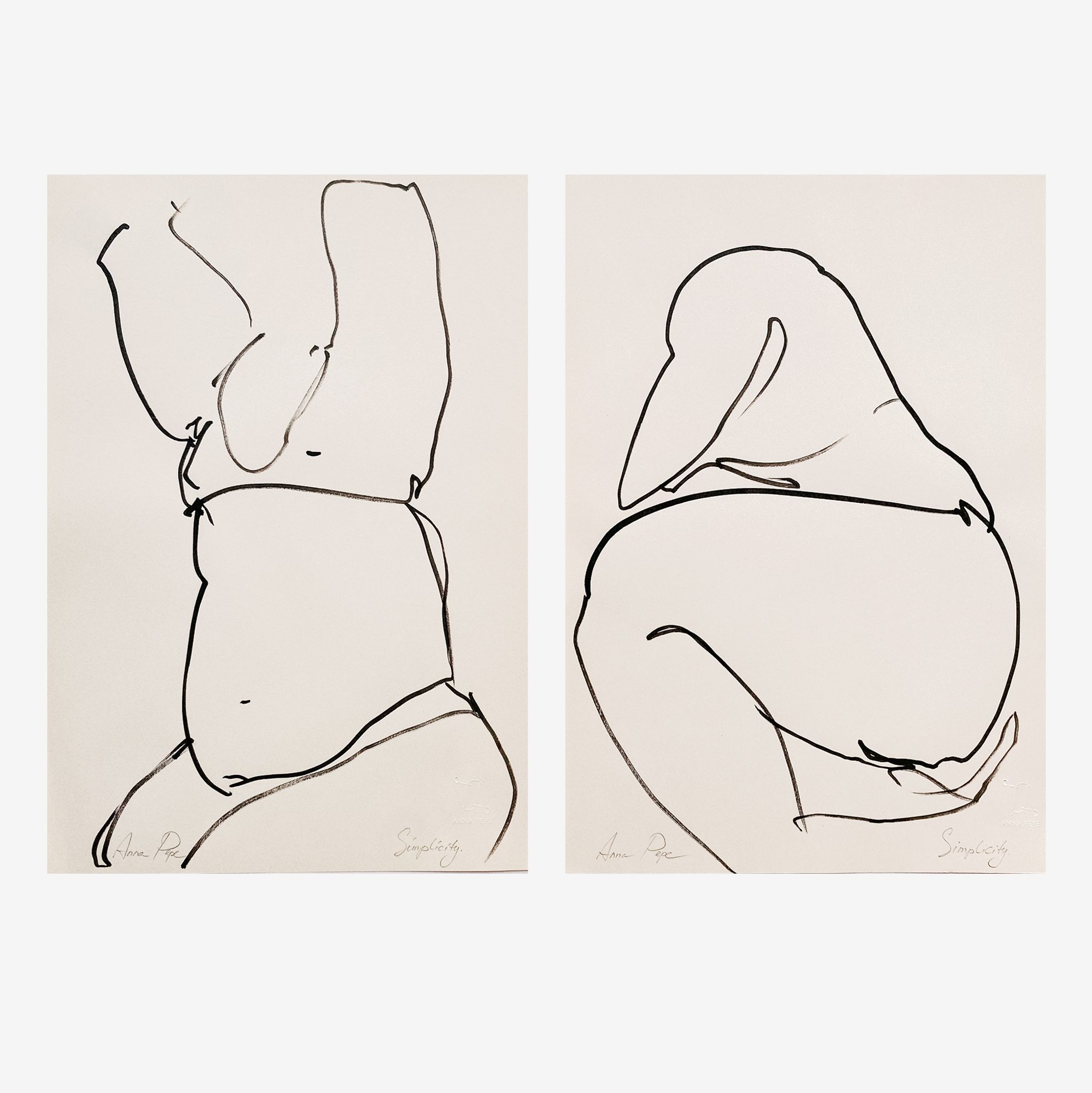 Set of 2 - ink drawing on vintage paper