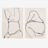 Set of 2 - ink drawing on vintage paper