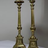 Pair of large 19th century church candlesticks in gilded bronze