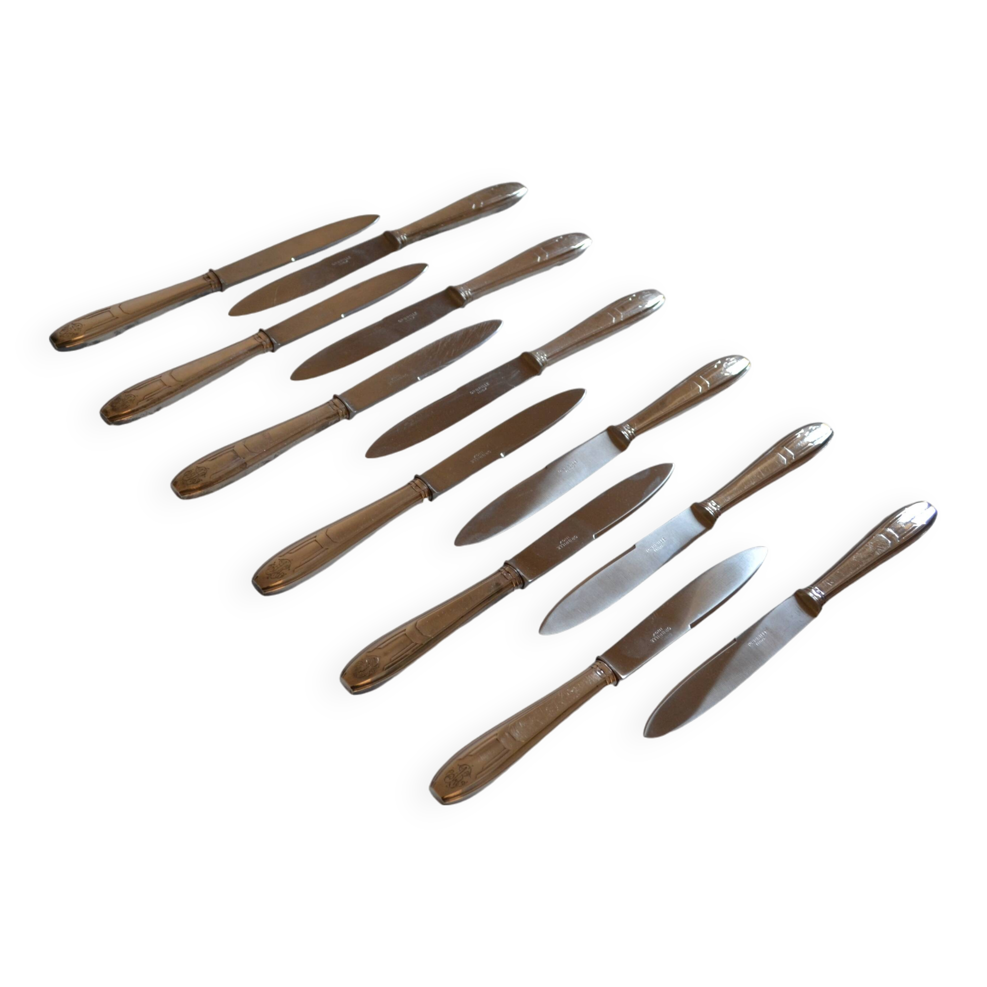 12 art deco silver metal dessert or cheese knives 20.5 cm AR monogram