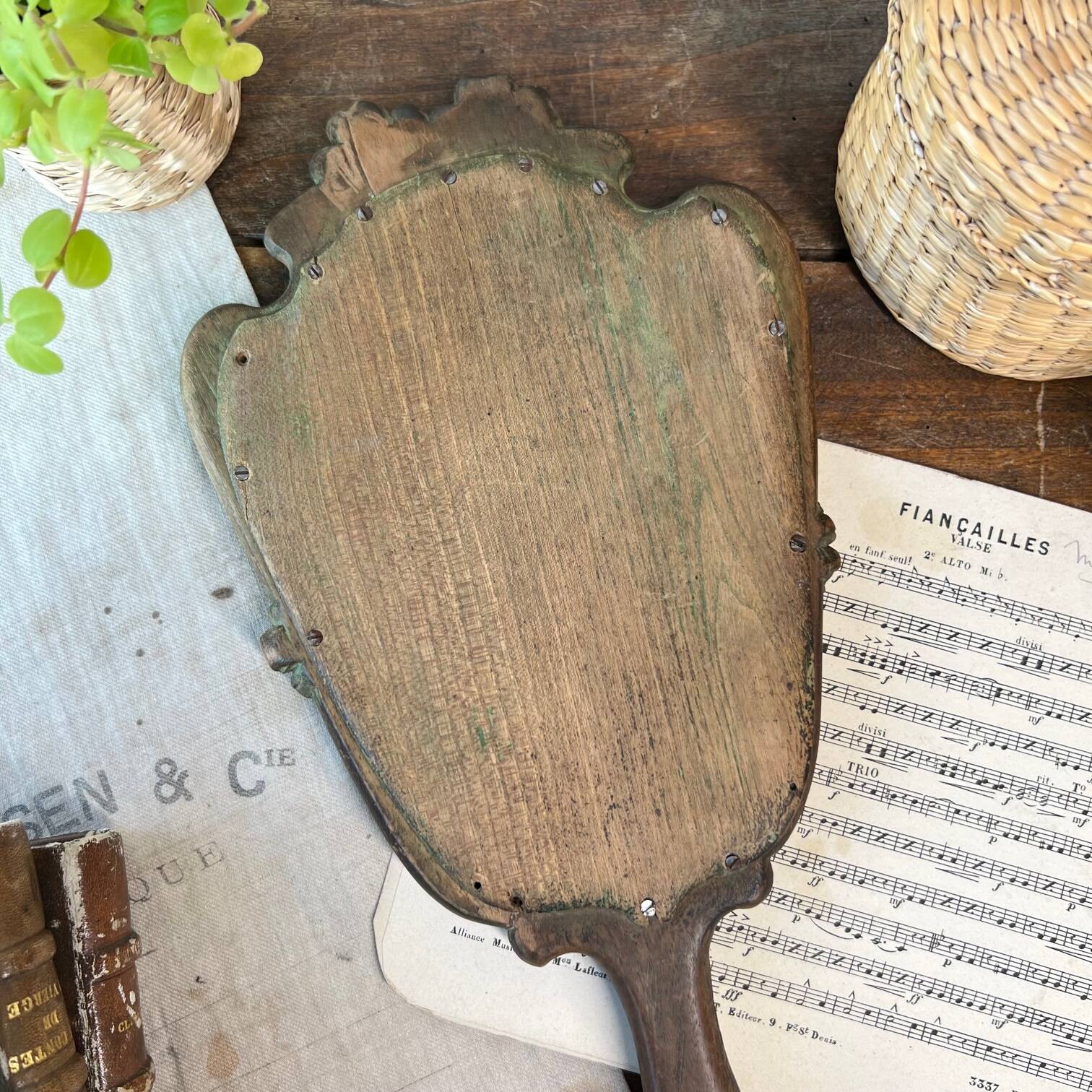 Wooden “hand-held” mirror with MB initials