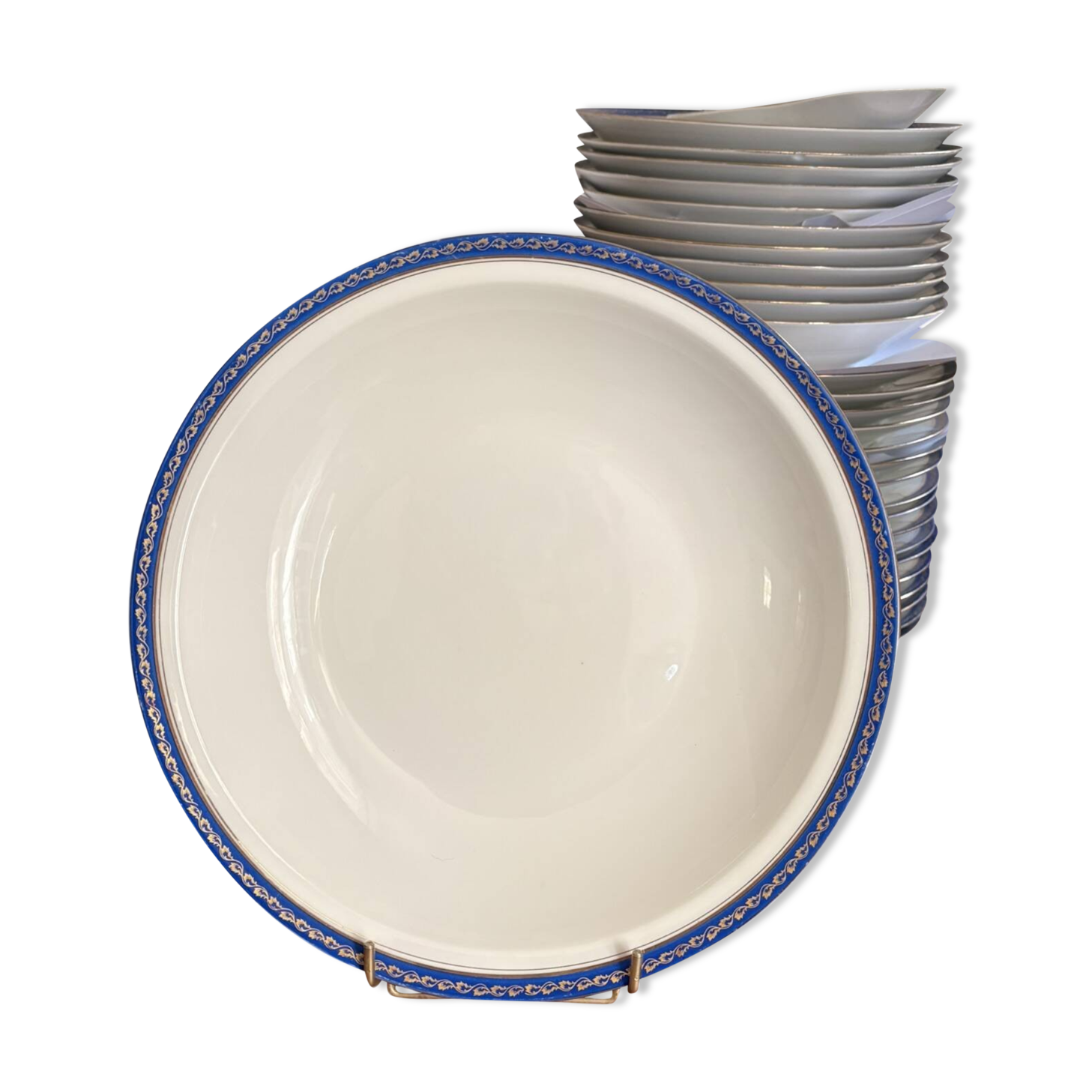 Large Deep Plate 29cm Salad Bowl Limoges Porcelain Blue Gold Betoule Legrand