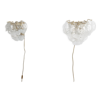 Pair of mid century murano glass leaf wall lamps, 1970s