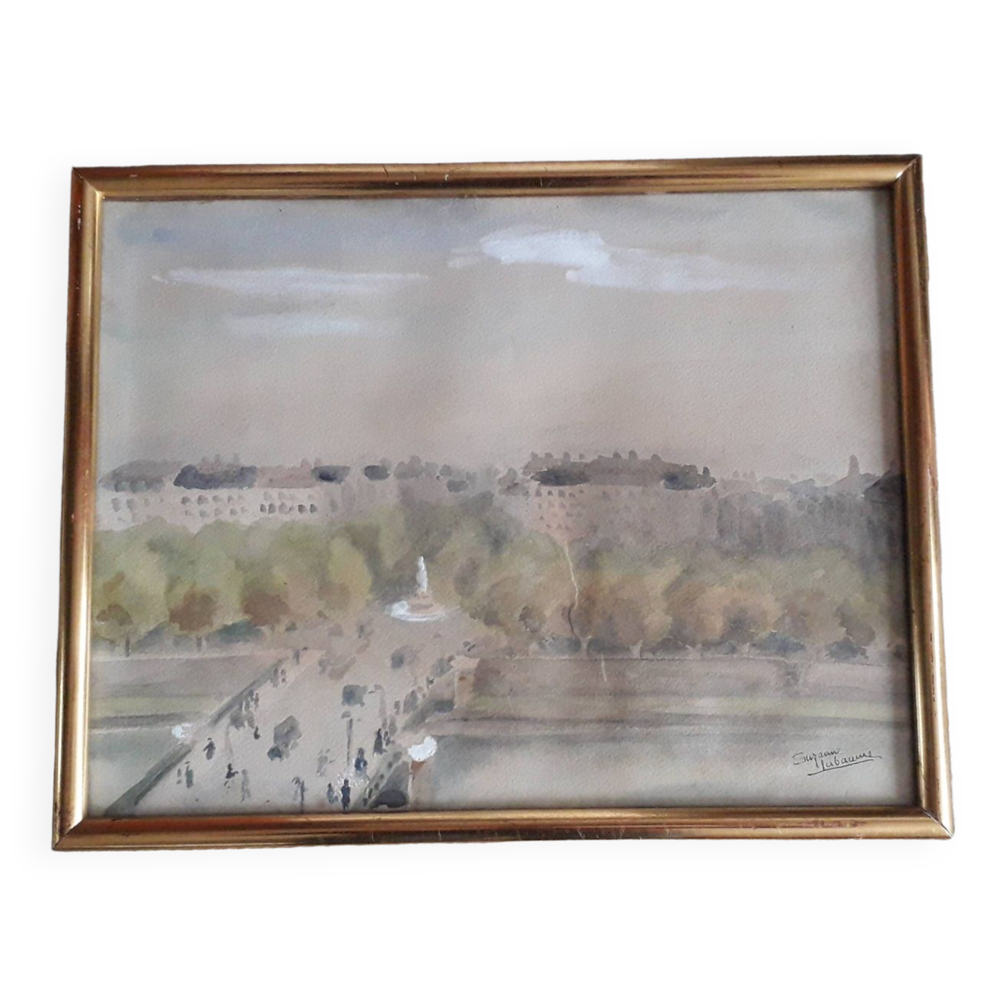 Old painting representing a Paris bridge