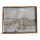 Old painting representing a Paris bridge