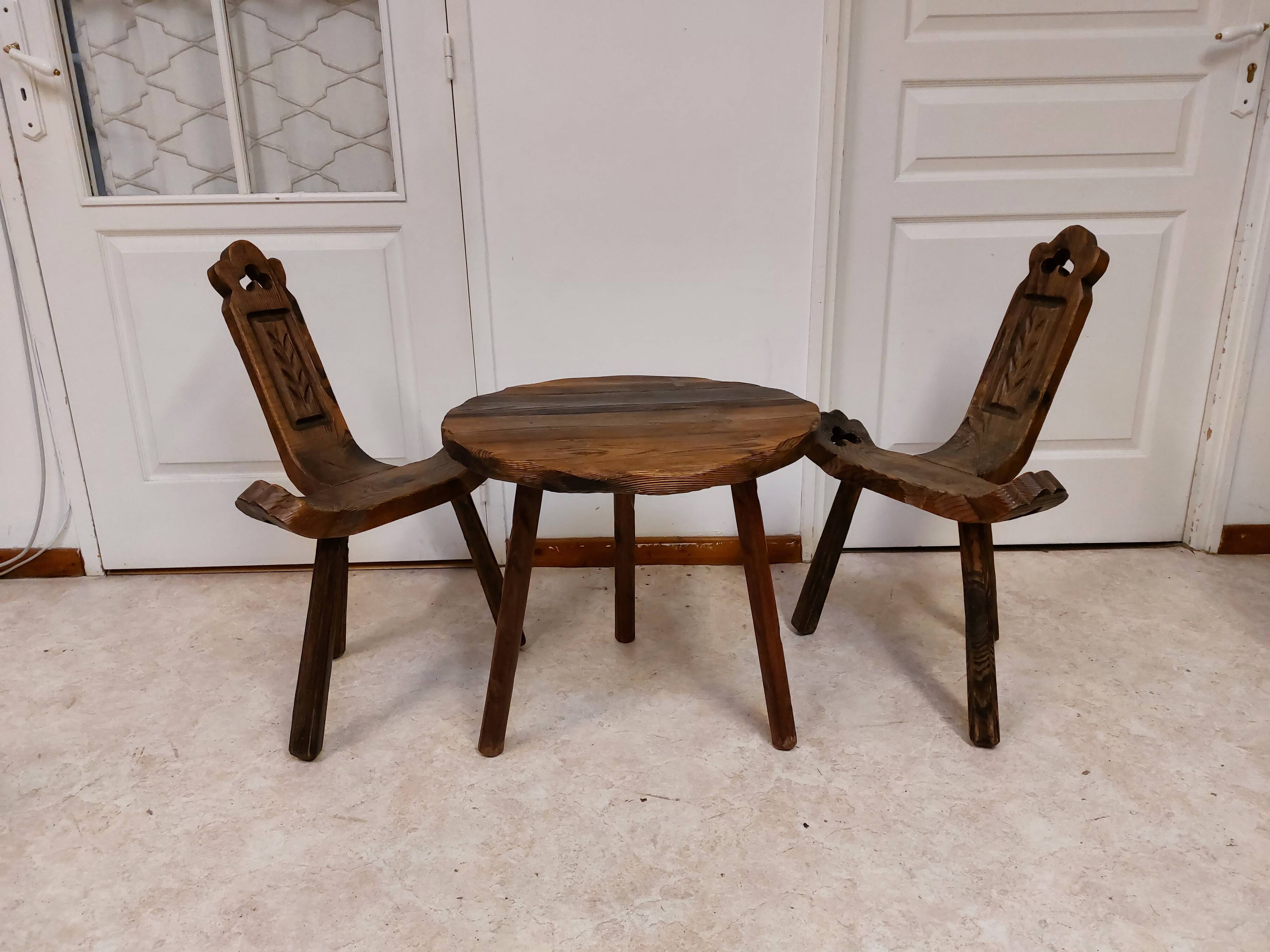 Coffee set coffee table and tripod low chairs - Spanish brutalist design - 1950s