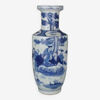 Qing Kangxi Style Blue and White Play Chess Rouleau Vase Chinese Palace Gifts