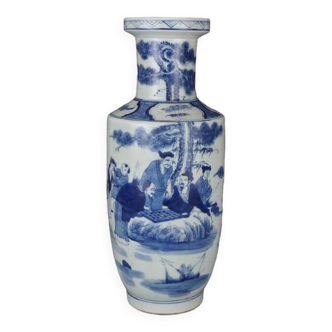 Qing Kangxi Style Blue and White Play Chess Rouleau Vase Chinese Palace Gifts