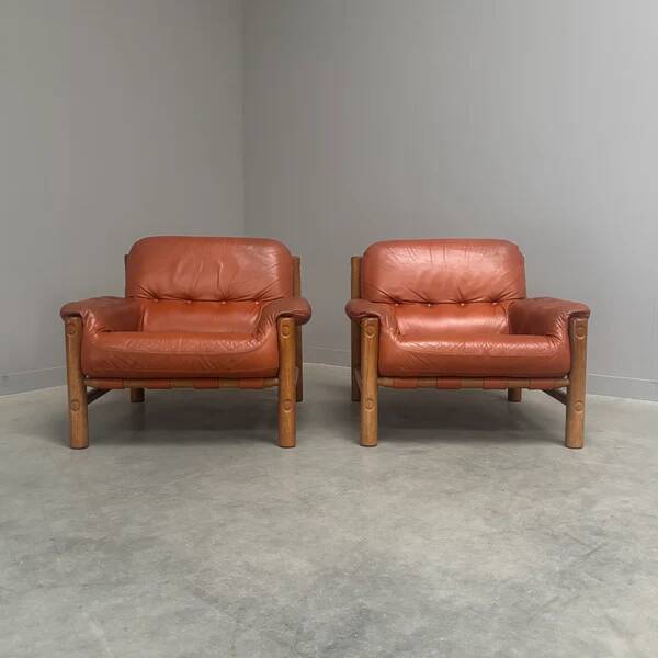 Set brutalist, Brazilian style leather lounge chairs, 1960s