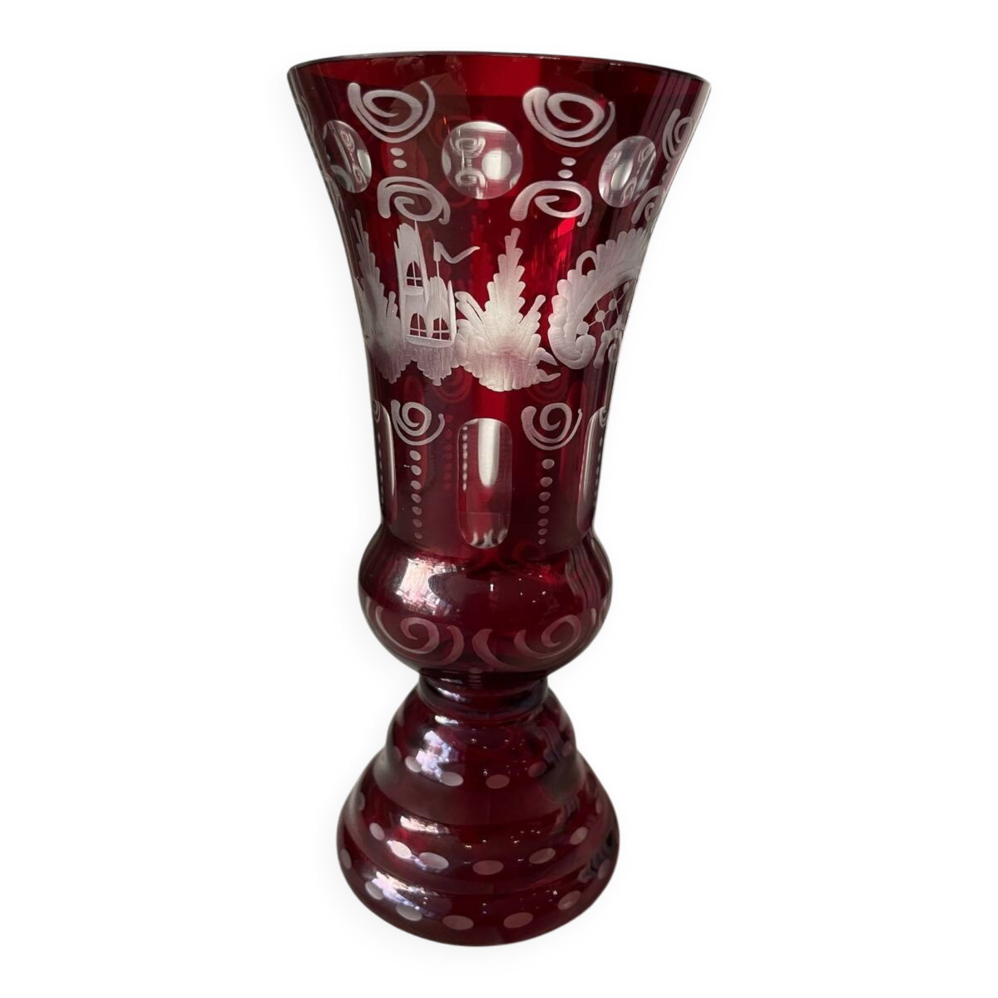Bohemian glass vase ruby red with transparent decoration in pink and red table decoration