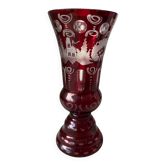 Bohemian glass vase ruby red with transparent decoration in pink and red table decoration
