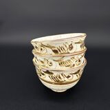 Trio of white speckled glazed stoneware bowls, gestural brown decoration – signed