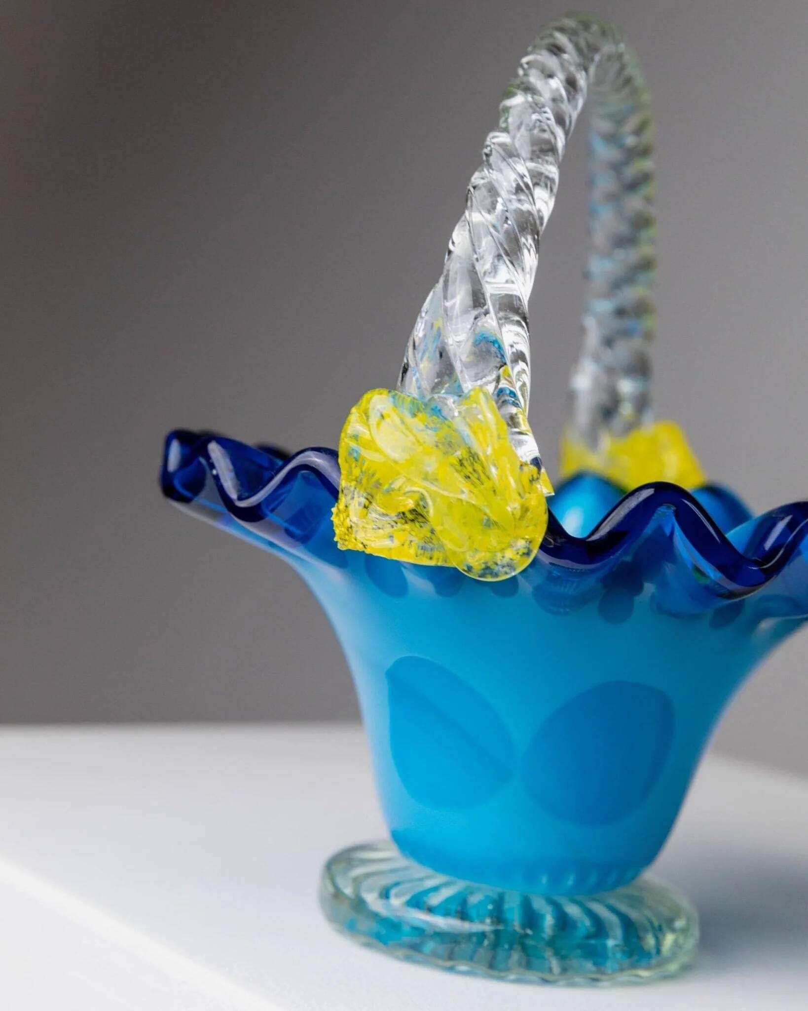 Blue Murano Glass Handle Bowl with Yellow Flowers - Vintage 1970s Italian Mid-Century Decor