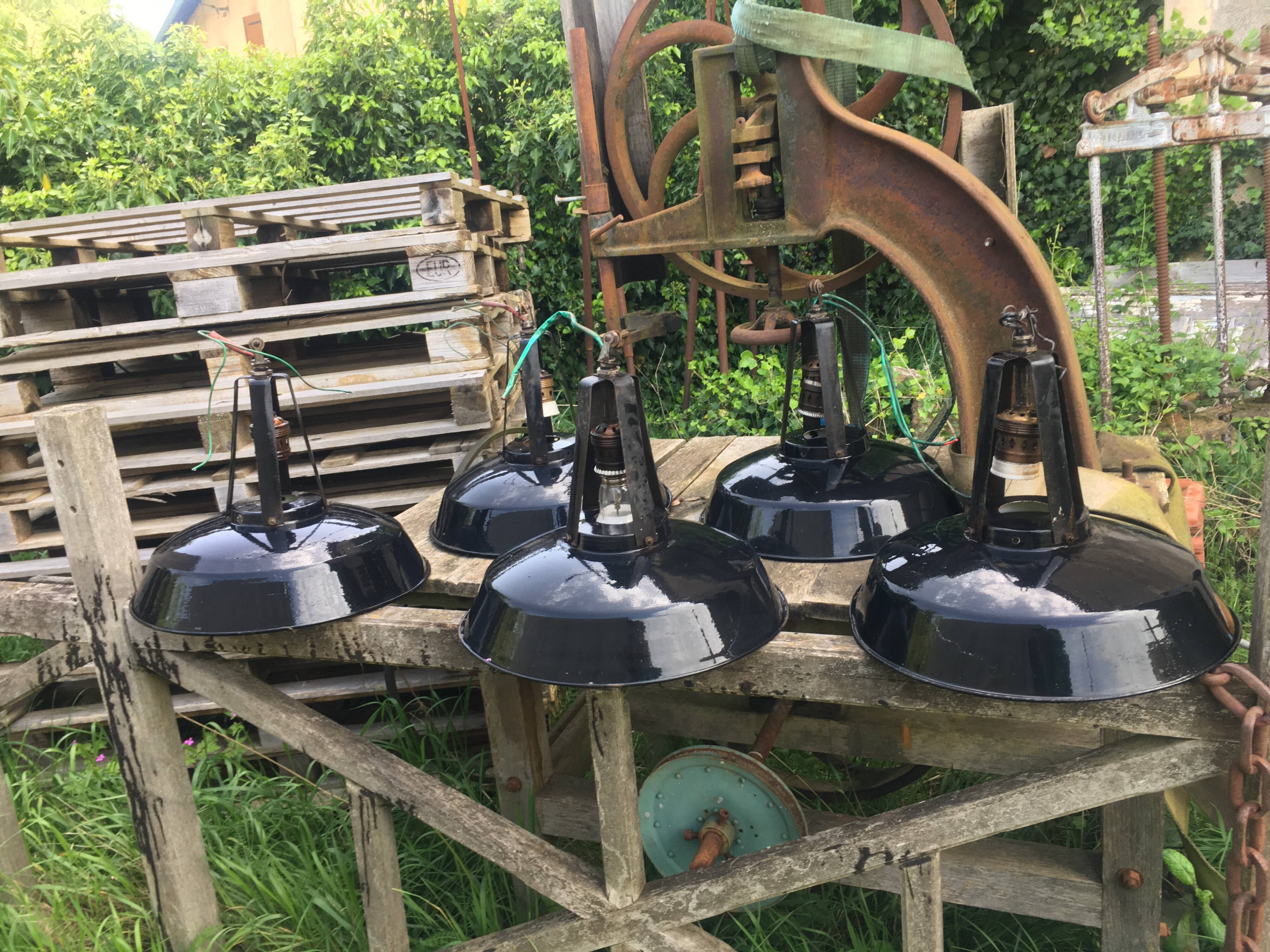 Set of black industrial lamps from the 1970s