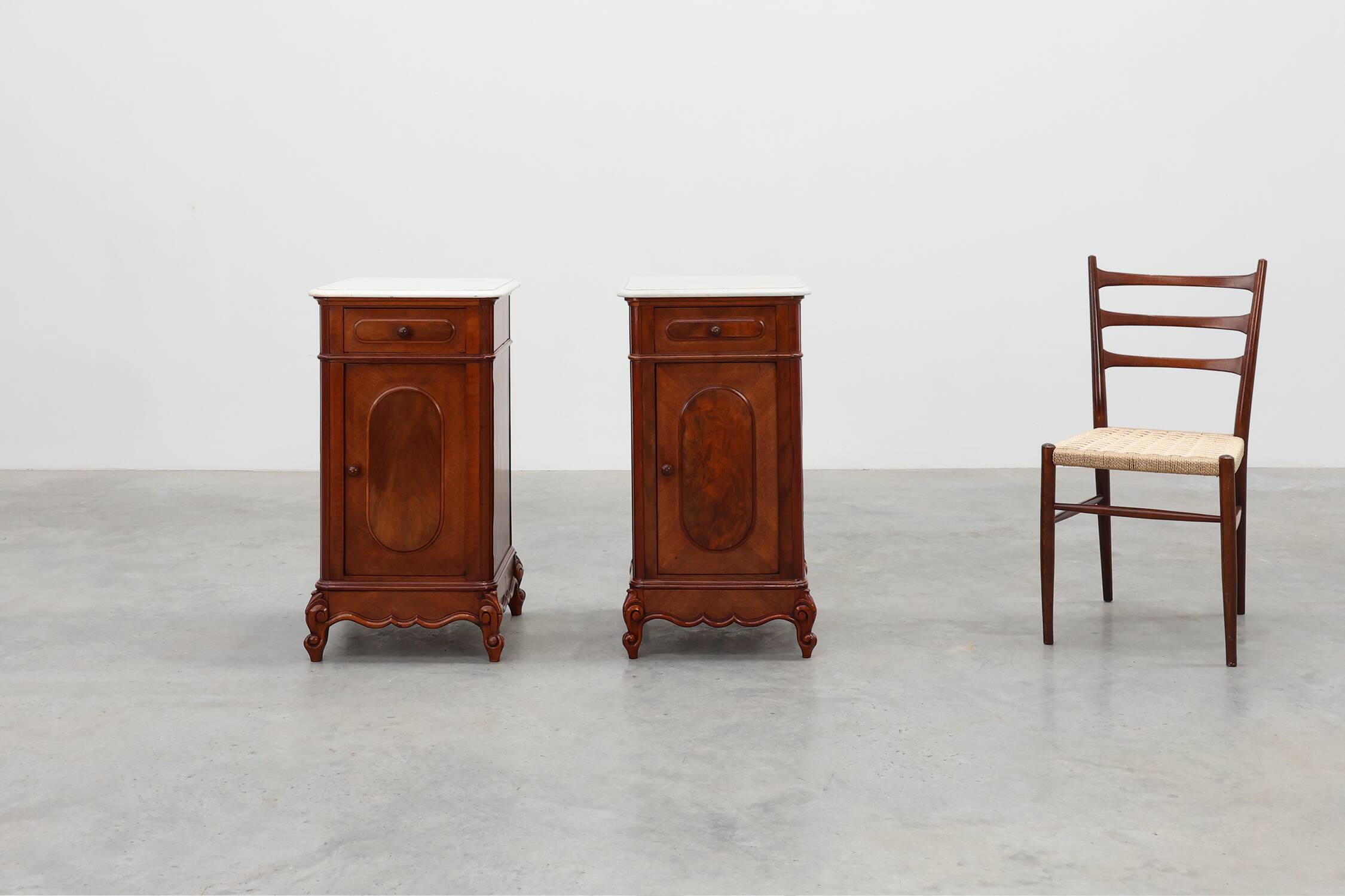 Pair Louis XV nightstands with Carrara marble top, France ca. 1890