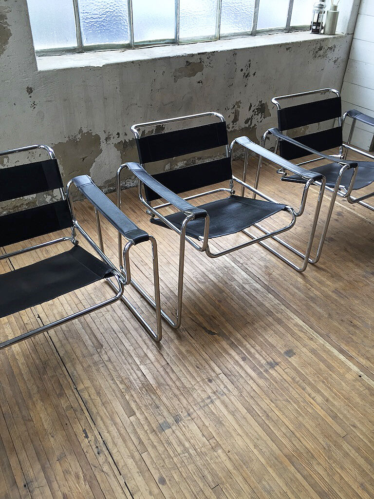 Bauhaus modernist leather chrome armchairs