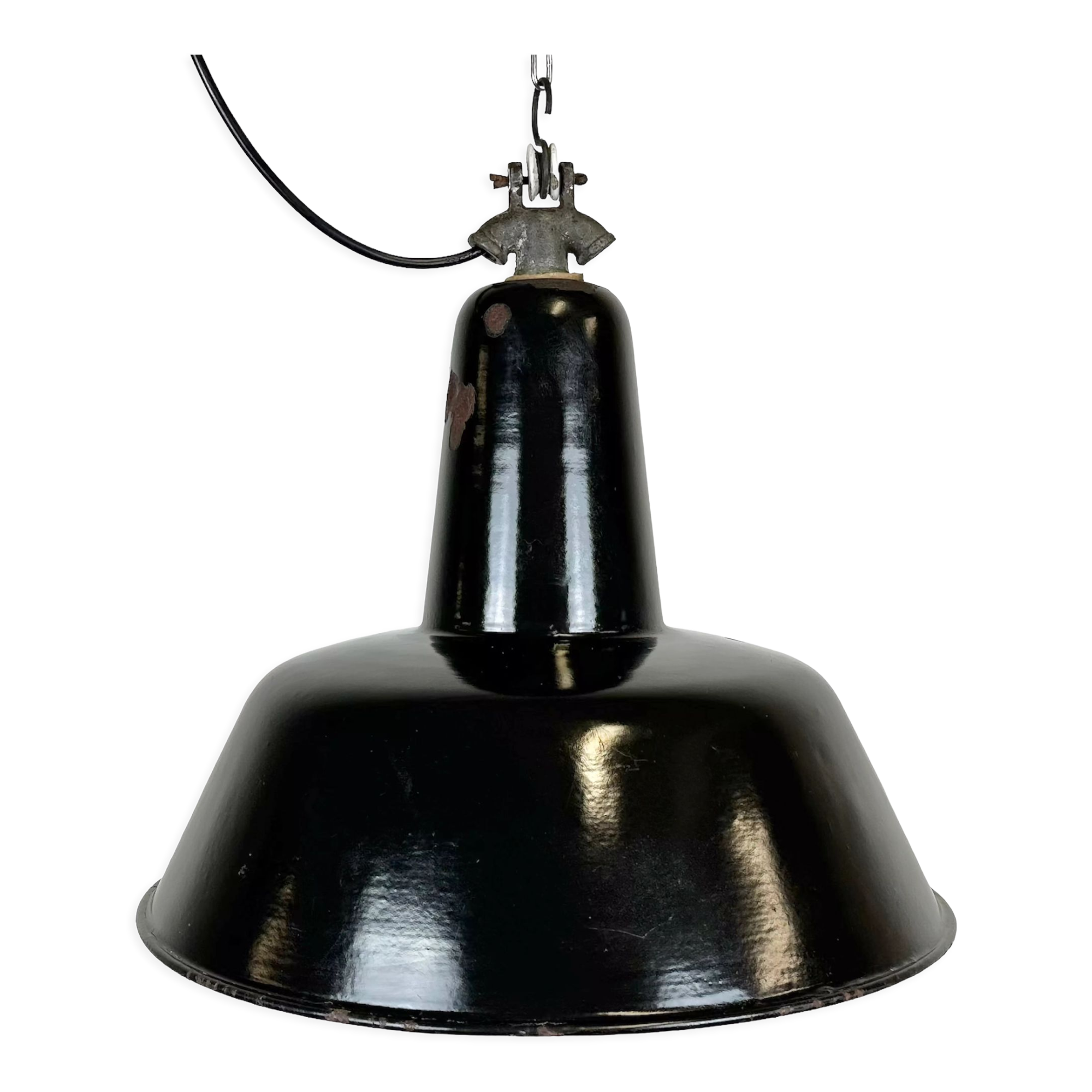 Industrial Black Enamel Factory Lamp with Cast Iron Top, 1950s