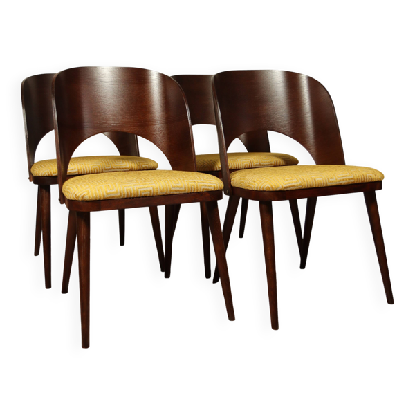 Ensemble de 4 chaises de salle à manger de style art déco en bois de chêne marron chocolat avec revêtement géométrique