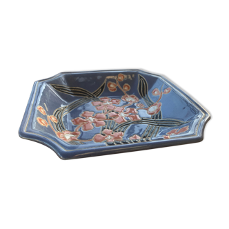 Empty ashtray pocket, rectangular plate in glazed ceramic slurry with an orchid pattern