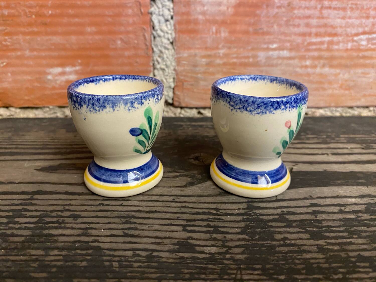 Pair of Antique Quimper Pornic Painted Ceramic Egg Cups Vintage