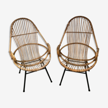 Paire de fauteuils coquille en rotin et bambou vintage années 60