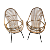 Pair of vintage rattan and bamboo shell chairs 1960s