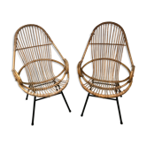Pair of vintage rattan and bamboo shell chairs 1960s