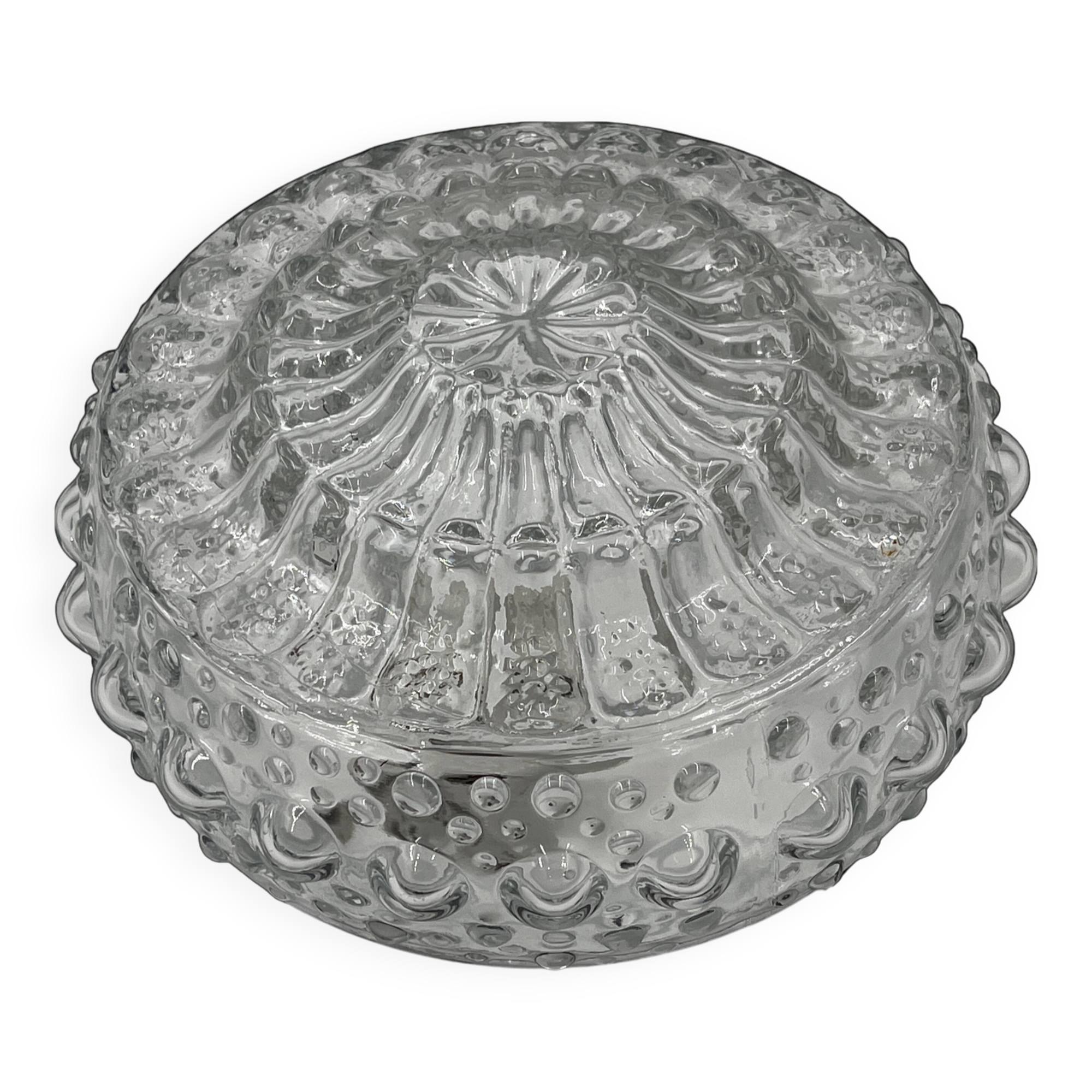 Molded glass ceiling light with spinning top relief