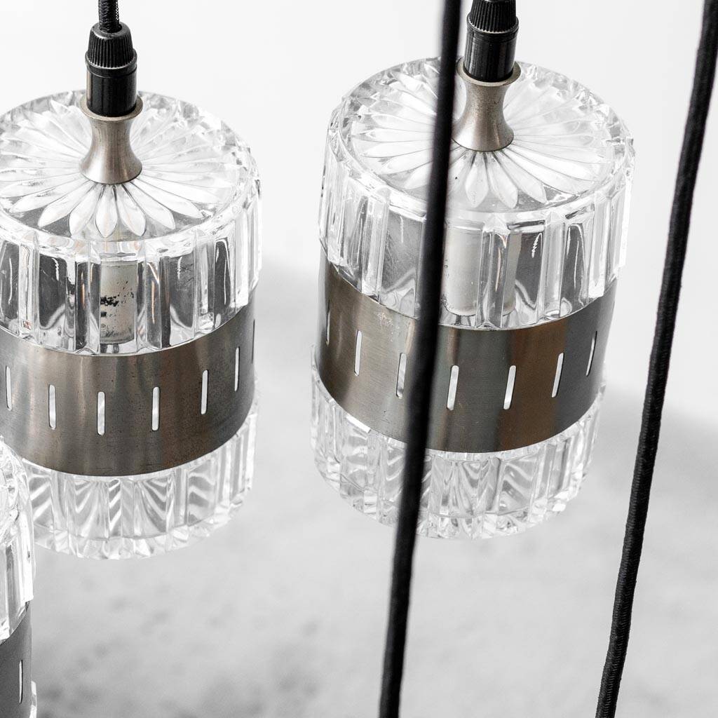 Chandelier 6 lights glass metal 1970s vintage modernism