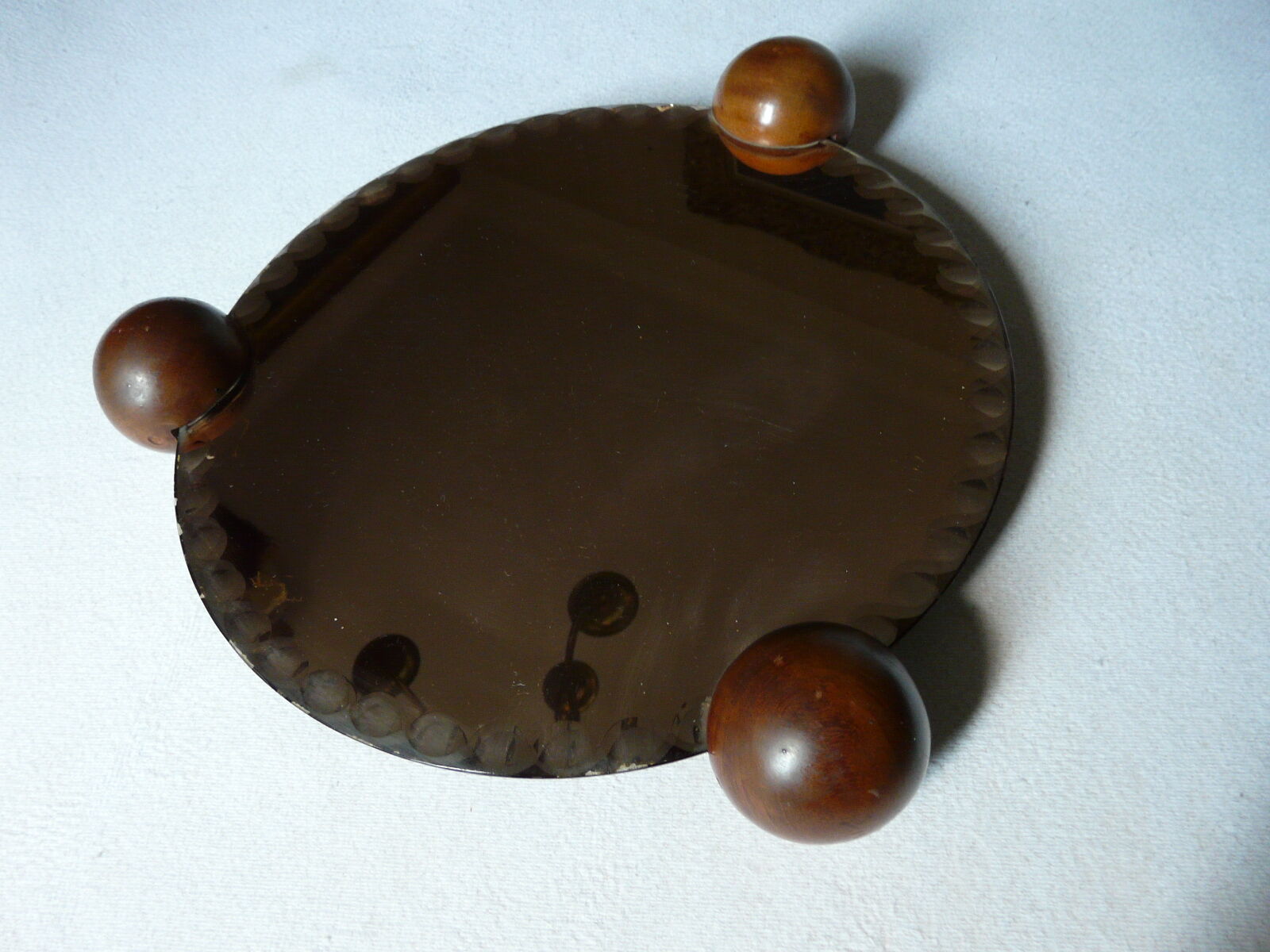 Plateau miroir orangé 3 pieds boule bois années 40