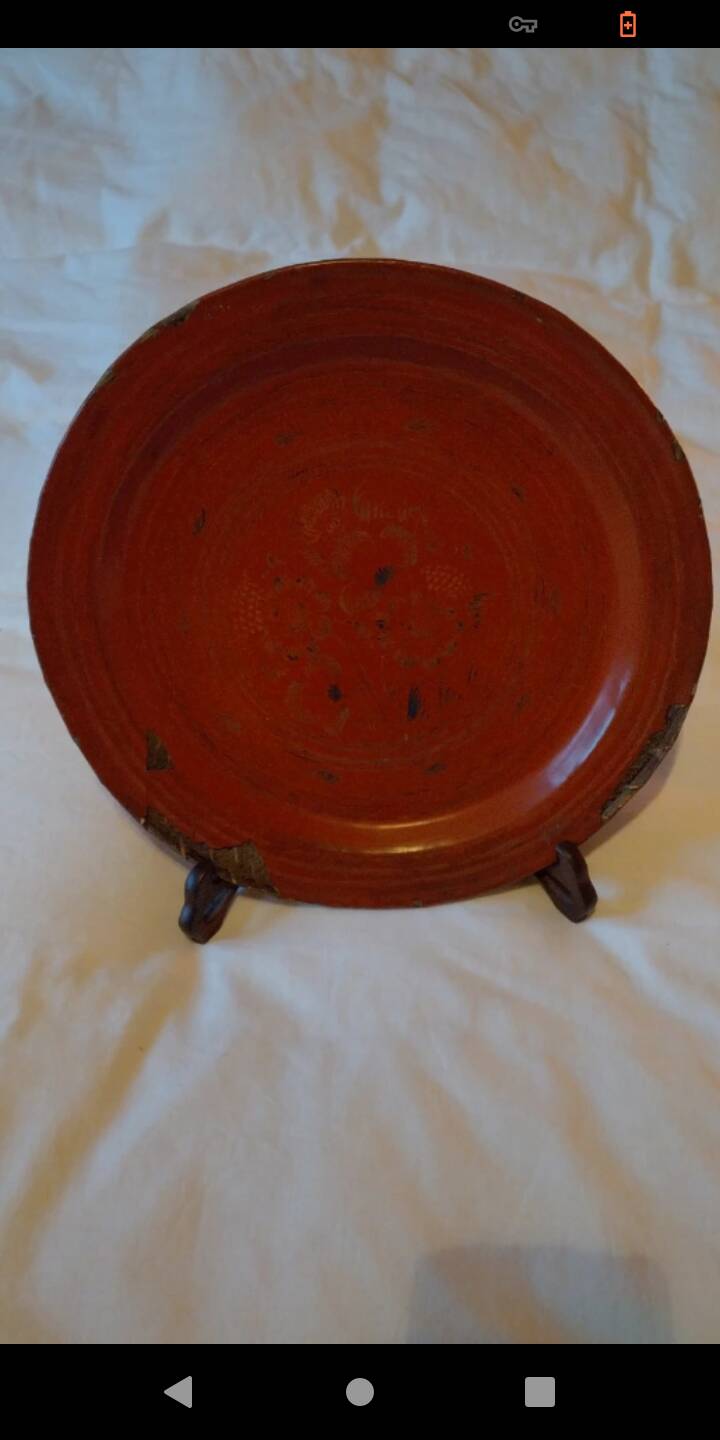 Dish, Indian tray painted in burgundy and tripod