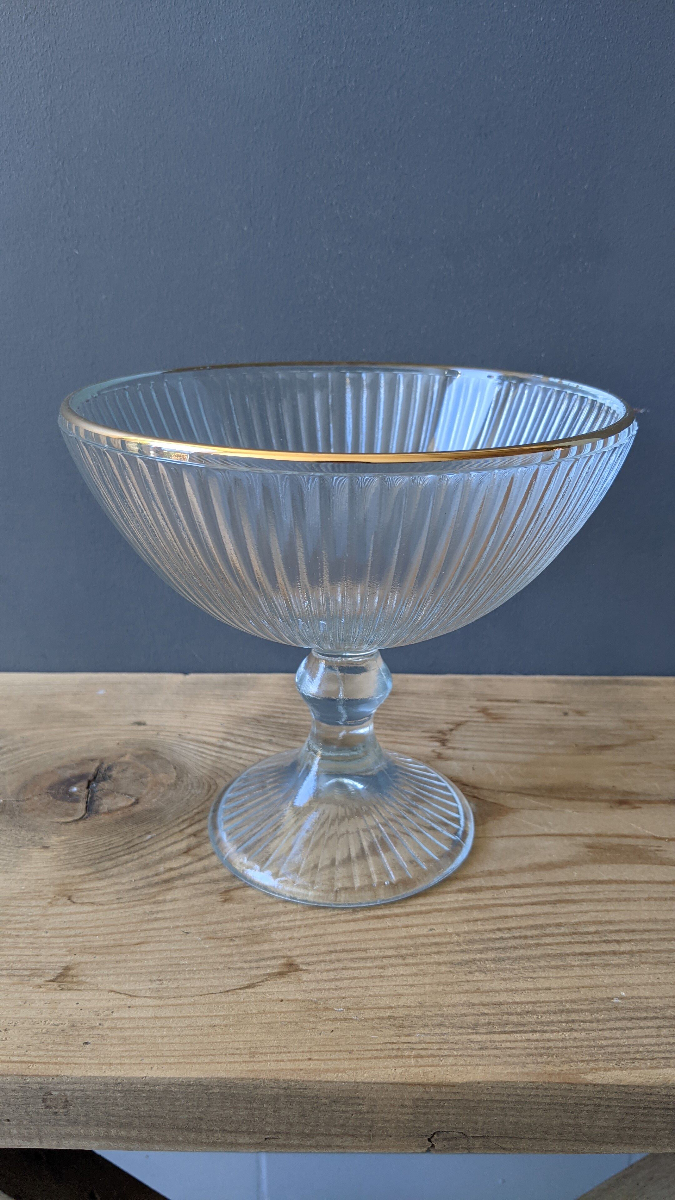 Vintage glass fruit cup on foot golden border shower