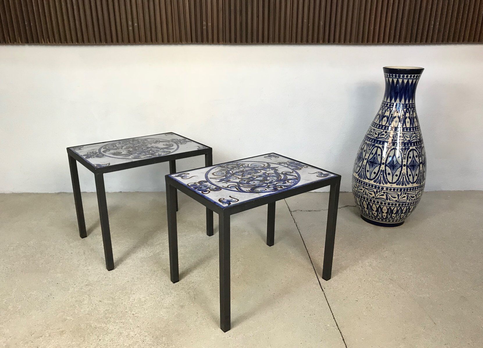 Italian ceramic tiles & steel side tables or nightstands, 1970s, set of 2