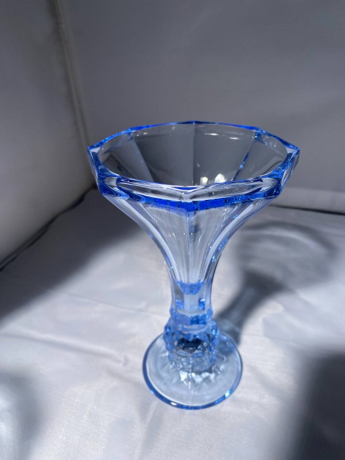 Pair of Jamestown blue Virginia candlesticks or vases by Fostori