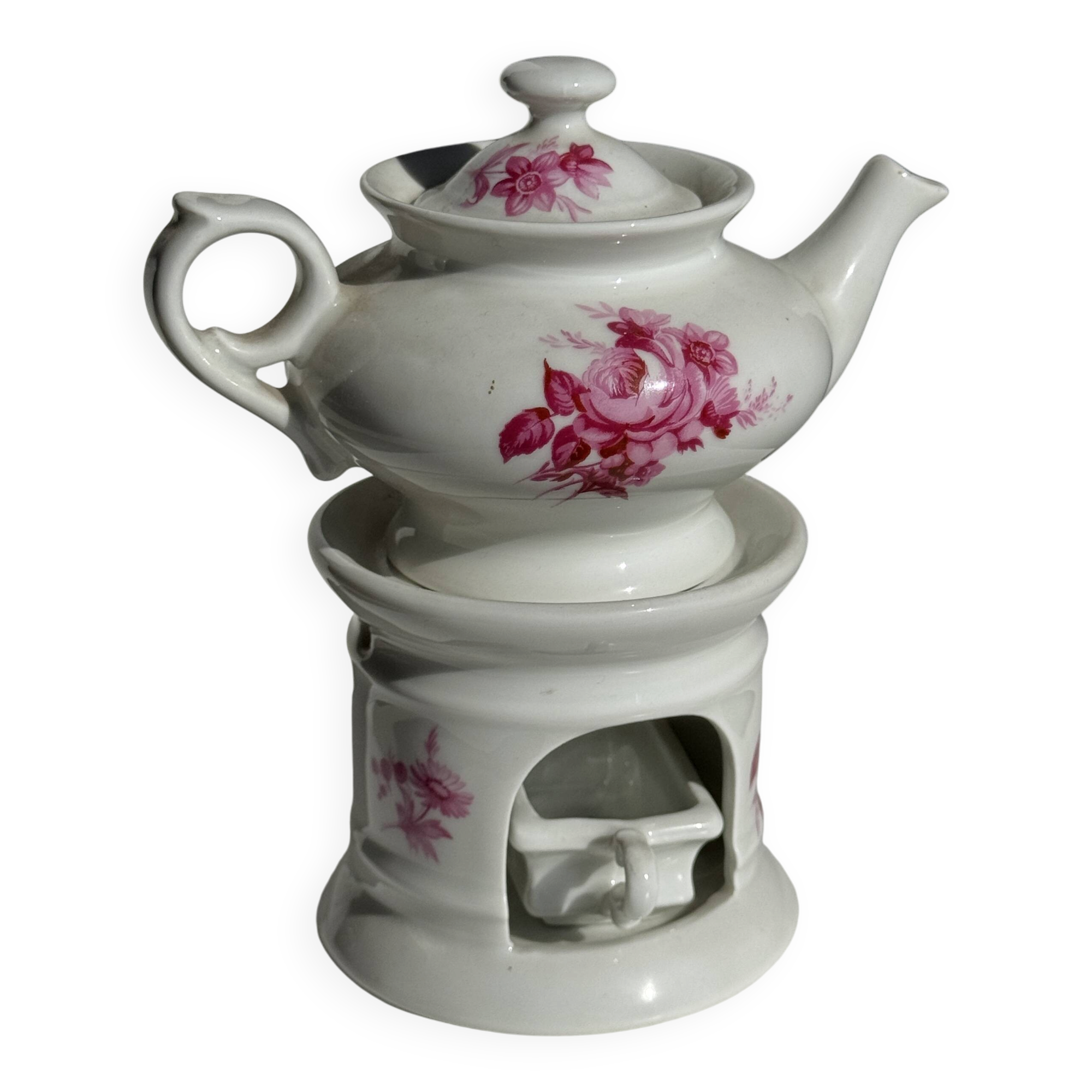 Complete porcelain teapot and warmer with pink floral decoration H18